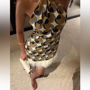 Zara Geometric Mini Dress with Feather Hem - Brown, Black, Blue